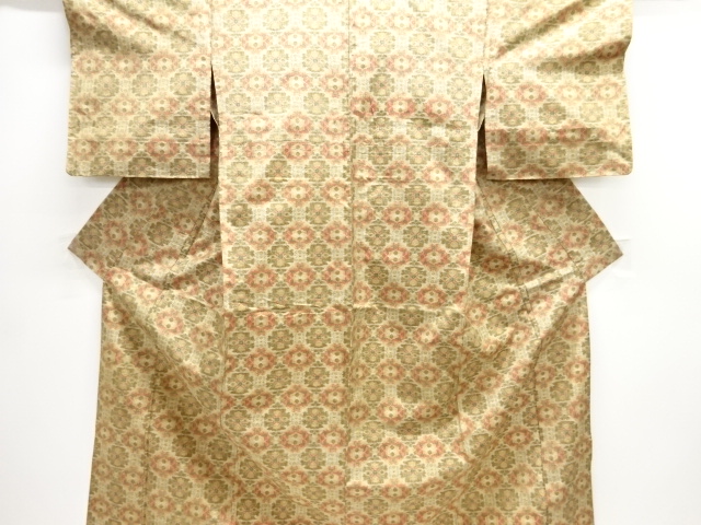 格子に華紋模様織り出し手織り紬単衣着物